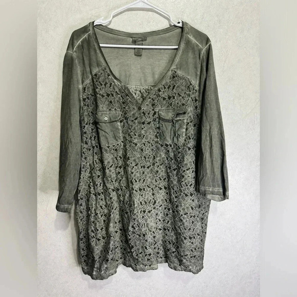 CATHERINES Women Acid Wash Faded Green Lace Vneck Pockets Blouse Tank Top Sz 2x - Picture 1 of 8